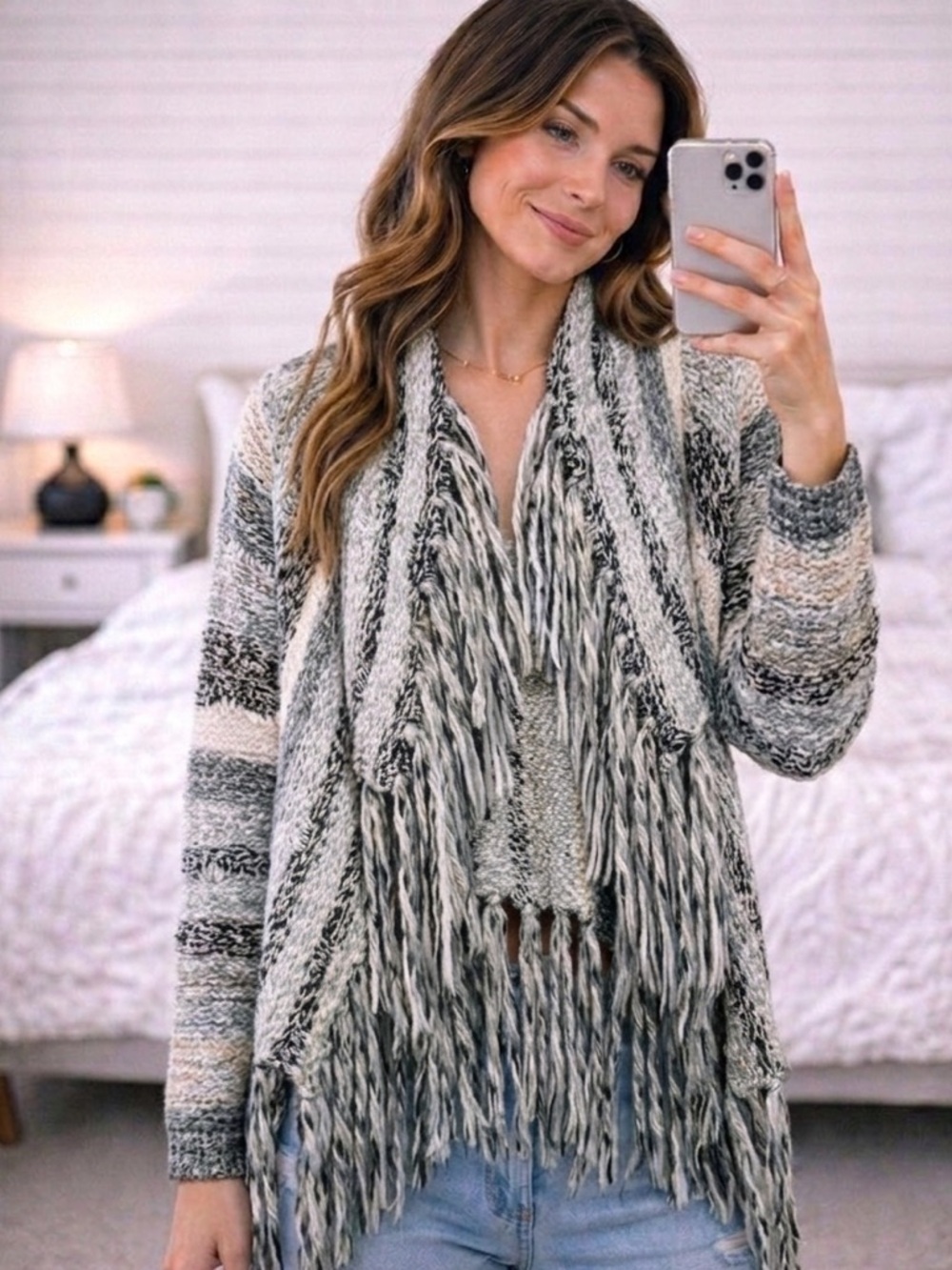 Bethany Mota Fringe Tweed Sweater Cardigan